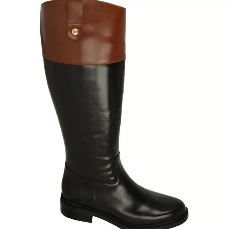 PieSanto Botas-Bota Alta De Estilo Montar En Piel De Tonos Combinados, Cremallera Y Horma De Ancho Especial Negro