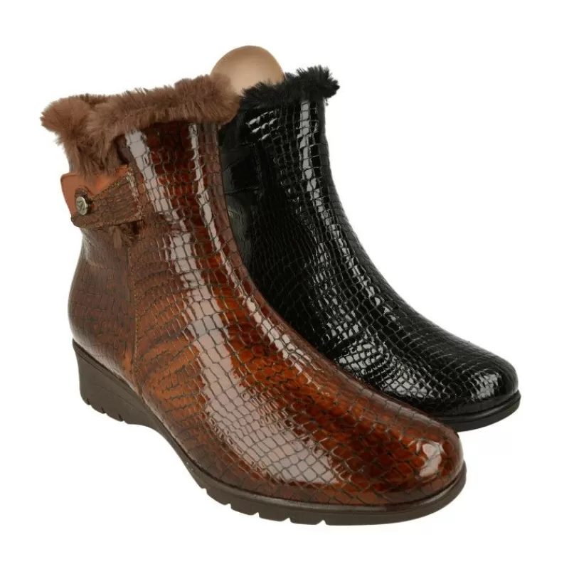 PieSanto Botines-Botin De En Piel Coco Charol Con Cuello Borreguillo, Piso De Cuna De Caucho Y Planta Descanso Extraible