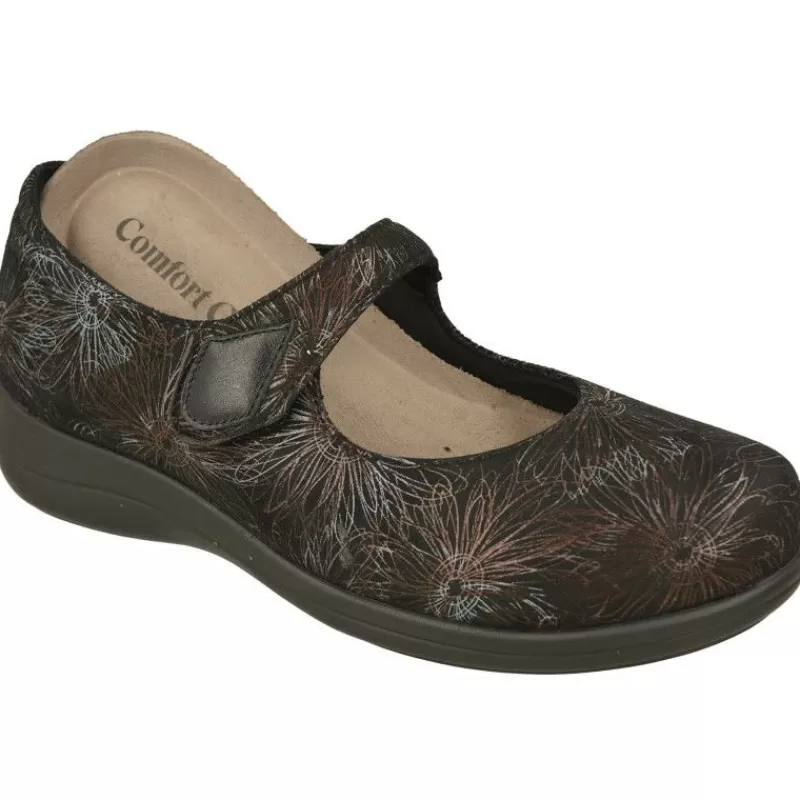 Comfort Class Zapatos Con Pulsera-Pulsera De Confort Class De Horma Extra Ancha En Tejido Estampado Elastico, Piso De Caucho Y Planta Anatomica Extraible Negro