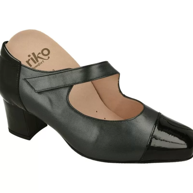 RIKO Zapatos Con Pulsera-Pulsera De Rico Con Ajuste De Velcro En Piel Combiada Metal Charol, Planta Extraible Y Tacon De Base Ancha Negro