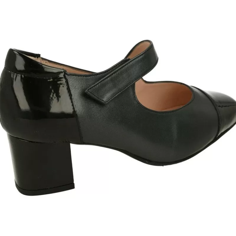 RIKO Zapatos Con Pulsera-Pulsera De Rico Con Ajuste De Velcro En Piel Combiada Metal Charol, Planta Extraible Y Tacon De Base Ancha Negro