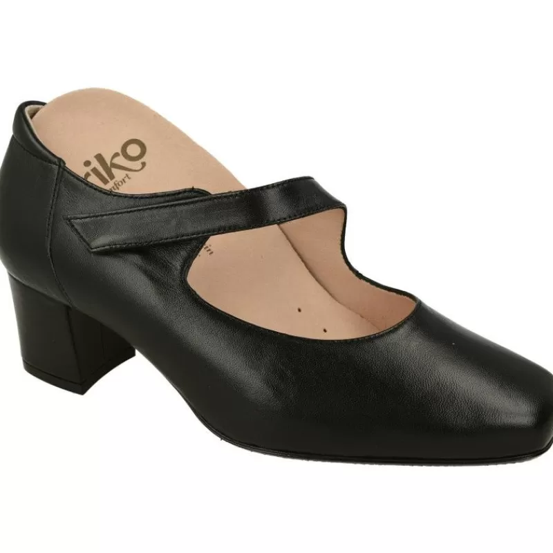 RIKO Zapatos Con Pulsera-Pulsera De Rico Con Tira De Velcro Ajustable En Piel Lisa Con Planta Anatomica Extraible Y Tacon De Base Ancha Negro