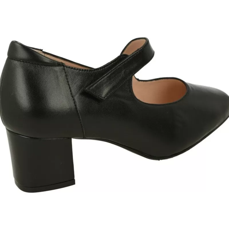 RIKO Zapatos Con Pulsera-Pulsera De Rico Con Tira De Velcro Ajustable En Piel Lisa Con Planta Anatomica Extraible Y Tacon De Base Ancha Negro