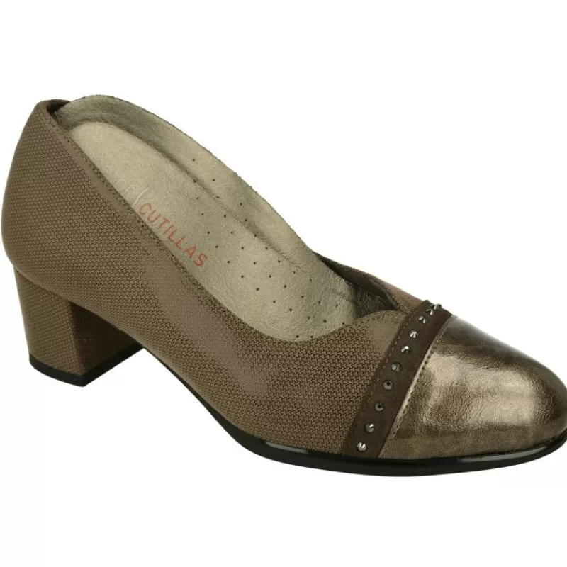 Doctor Cutillas Zapatos Ancho Especial-Salón De Combinado Con Puntera Recta Y Tacon Forrado. Planta Descanso Extraible Y Horma De Ancho 12 Taupe