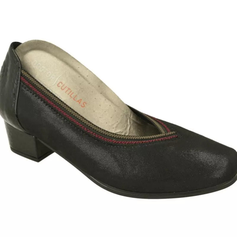 Doctor Cutillas Zapatos Ancho Especial-Salón De Escote Pico Con Bordon Contrastado, Tejido Elastico Adaptable Y Talon Y Tacon En Coco Charol. Negro