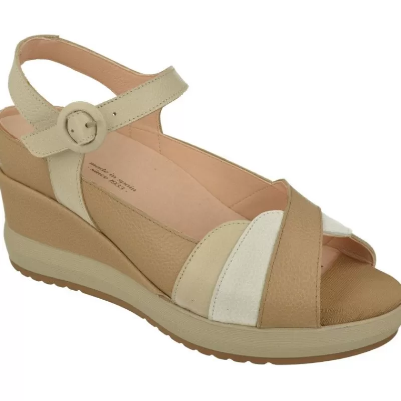 RIKO Sandalias-Sandalia De Rico En Piel Combinada Gamas Beige Con Tira Ajustble Al Tobillo, Planta Anatomica Extraible Y Cuna Forrada Al Tono V