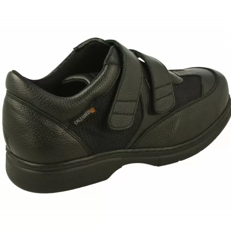 Calzamedi Velcros-Velcro De Con Doble Velcro Ajustable Combinado Piel Y Tejido Con Piso Y Planta De Descanso En Horma De Ancho Especial Negro