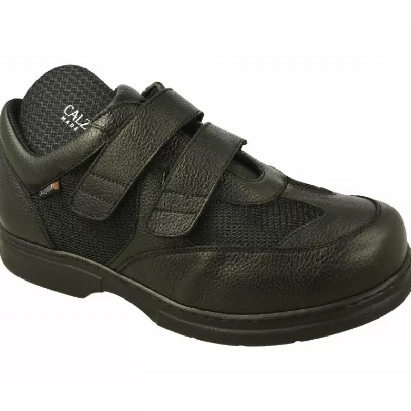 Calzamedi Velcros-Velcro De Con Doble Velcro Ajustable Combinado Piel Y Tejido Con Piso Y Planta De Descanso En Horma De Ancho Especial Negro