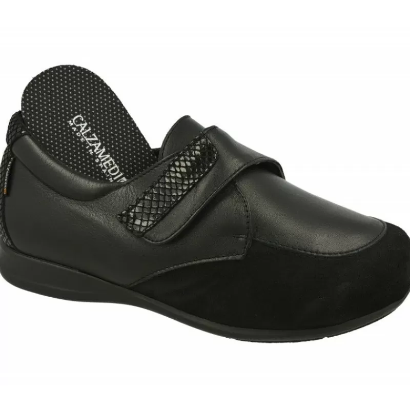 Calzamedi Velcros-Velcro De En Horma De Ancho 16 Con Piel Combinada Con Antelina Elastica Con Piso De Goma Y Planta Extraible Negro