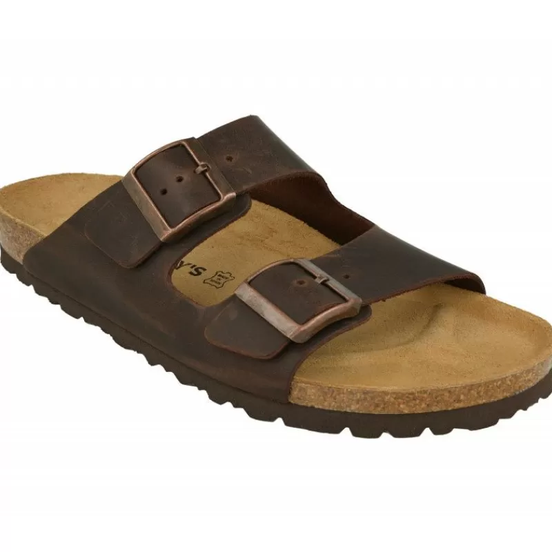 Calzamedi Sandalias-Zueco De De Doble Tira Ajustable En Piel Engrasada Y Planta Anatomica De Descanso Marron